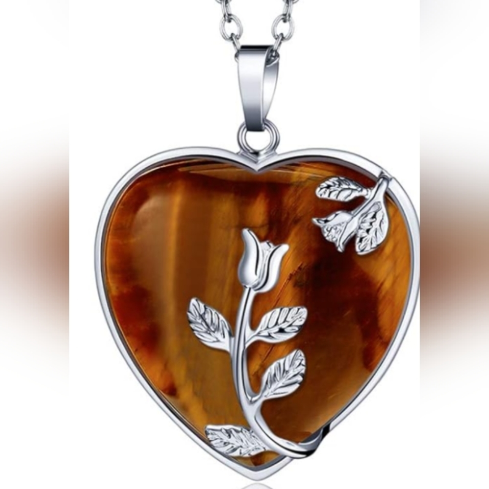 TIGER'S EYE STERLING HEART PENDANT ROSES 20 INCH CHAIN HEART 2 IN